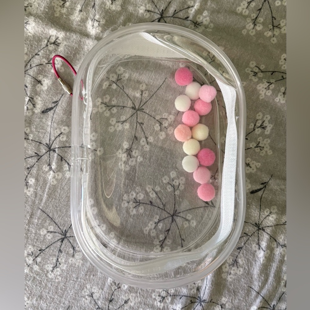 Clear Cosmetic Bag with Pink and White Pom Poms- fits Labubu